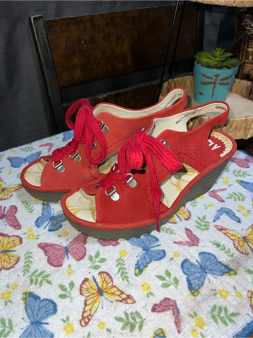 Fly London Ylfa Scarlet Red Leather Lace up Comfort Wedge Sandals Shoes